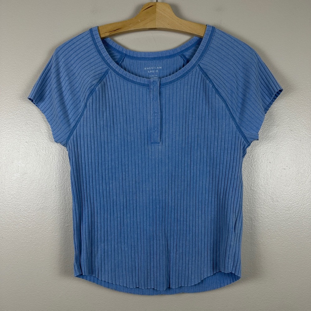 American Eagle Women's XL Henley Top Blue Ribbed Short Sleeve Button Neck